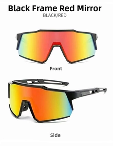 Front and side view of black frame cycling glasses with red mirror lenses for wind protection