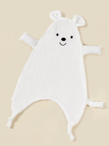 White cotton muslin baby comforter in bear shape with embroidery and snap strap