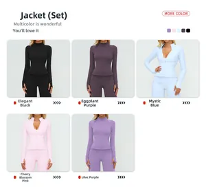Detail view of women's yoga set showing five available colors and thumb hole design