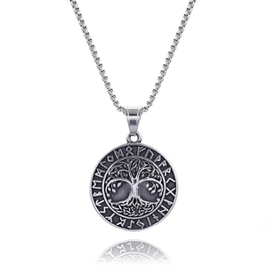 Vintage silver Tree of Life stainless steel pendant with Nordic runes on white background