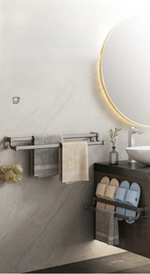 Gunmetal grey space aluminum double towel rack with hooks and no-drill installation details