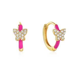 Close-up of gold earrings with pink enamel butterflies and sparkling white zircons