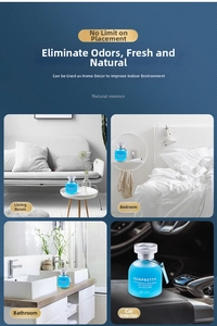 65ML liquid air freshener bottle shown in living room, bedroom, bathroom, and car interior