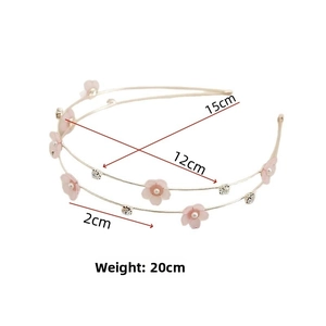 Detail of double-layer gold headband with pink floral accents and crystals, 15cm diameter