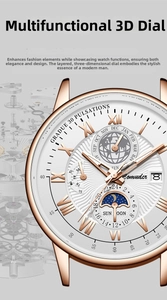 Detail of rose gold multifunctional watch dial with moon phase and textured white face