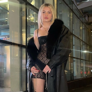 Sexy black lace split mini dress with faux fur collar leather coat in city night view