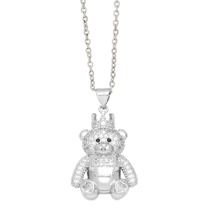 Detailed view of silver bear pendant with crown and pavé zircon stones on chain