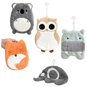 Hanging cartoon animal hand towels in soft coral fleece for kitchen and bathroom use