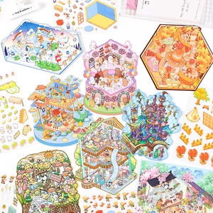 3D scenic stickers set featuring miniature winter and garden themes on white background