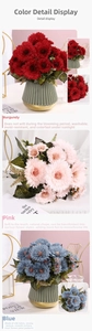 Detailed silk cloth daisy bouquets in wine red, pink and blue in decorative vases