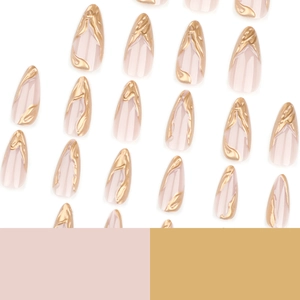 Minimalist French 3D gold almond press-on nails with liquid metallic texture on nude base