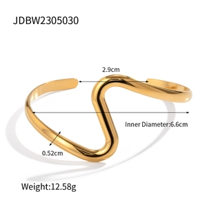 Polished 18K gold-plated stainless steel wavy cuff bracelet with minimalist S-curve design