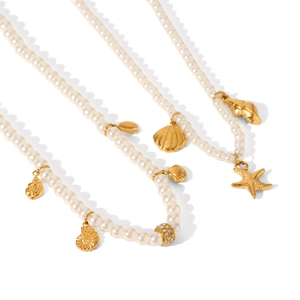 Stainless steel necklace with sea shell starfish charms and elegant white pearls