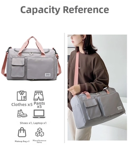 Large capacity gray gym bag showing storage space for clothes, shoes and laptop