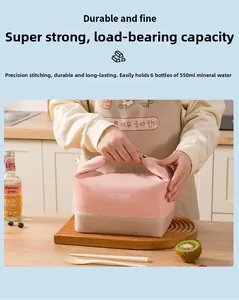 Detail of insulated pink and beige lunch bag showing durable handle and sturdy stitching