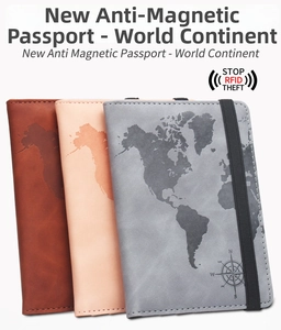 Detail view of RFID blocking passport holders in three colors with map and compass embossing