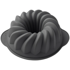 Gray heat-resistant silicone cake mold with spiral design and handles on white background