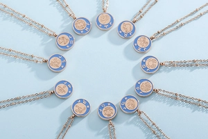 Macro display of twelve zodiac necklaces in rose gold with blue enamel pendants