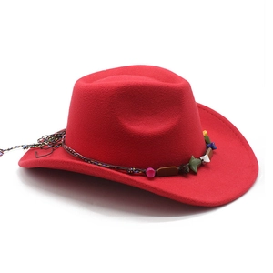 Detailed view of red wool western cowboy hat with colorful stones and braided rope band