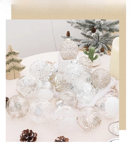 Detail of 8cm clear PET painted Christmas balls with glitter and snowflake patterns