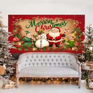 Festive Christmas backdrop featuring Santa, elves, and snowman behind a vintage sofa