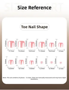 Size chart showing width and height for 12 sizes of pink press-on toenails
