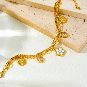 Double-layer gold plated stainless steel chain bracelet with clover and heart charms