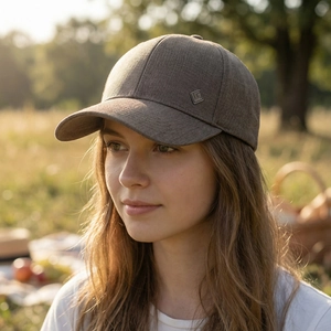 Classic tan men's baseball cap for outdoor leisure with subtle metal logo detail