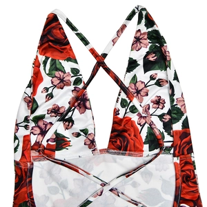 Detail of deep V-neckline and crisscross straps on a floral print summer maxi dress