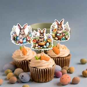 Lot de 3 décorations de gâteau de Pâques avec lapins et œufs style aquarelle doux