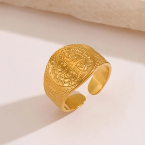 Saint Benedict Medal Ring Stainless Steel Adjustable Religious Vintage Cross Signet Jewelry For Women Fashion Accessory