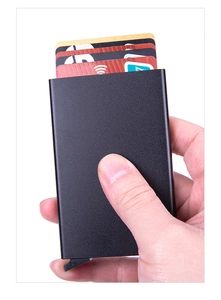 Slim black aluminum RFID blocking credit card holder with automatic pop-up mechanism