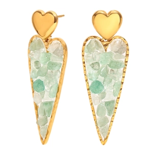 Vintage 18K gold plated heart earrings with green and white crushed stone inlay