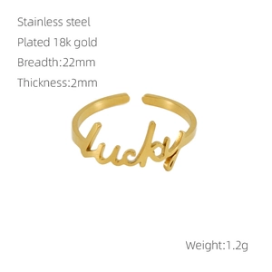 Detail view of the Lucky hollow letter ring in 18k gold plated stainless steel