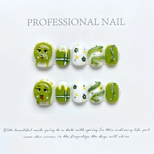 Handmade Press On Nails 3D Snake Design Green White Floral Pattern Reusable Artificial Fingernails Sweet Style Women