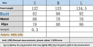Detailed size chart for women's asymmetric nylon long dress featuring S to L dimensions