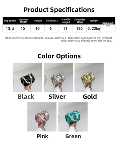 Detailsicht der Maße der Mini-Metallic-Handtasche mit Perlengriff und Steppmuster