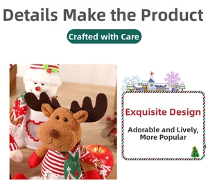 Detailed view of handmade Christmas felt bags with cute plush reindeer and snowman patterns