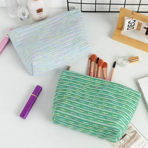 Woven Tweed Makeup Bag Large Capacity Cosmetic Pouch Toiletry Travel Organizer Women Chic Colorful Stripe Texture Zipper