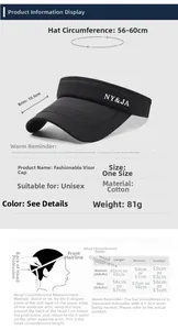 Sizing guide for black cotton sun visor hat with measurements and head size chart