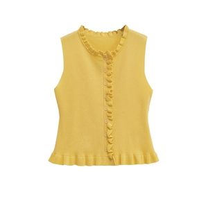 Bright yellow sleeveless knit cardigan with ruffled edges and round neck on white background