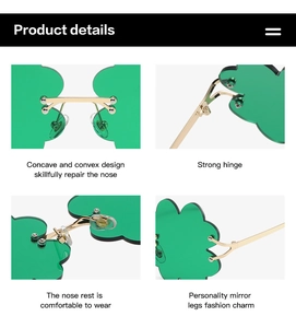 Detailed four-angle macro views of green flower-shaped sunglasses with golden metal hinges