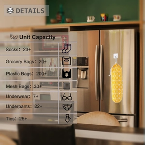 Kitchen wall-mounted organizer showing storage capacity for 200+ plastic bags