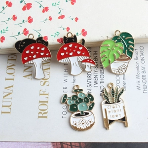 DIY gold-plated enamel mushroom and potted plant pendants for handmade jewelry charms