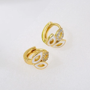 Elegant 18K gold plated hoop earrings with white enamel leaf design and cubic zirconia