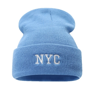 Light blue NYC embroidered knit beanie hat with cuffed brim for winter warmth