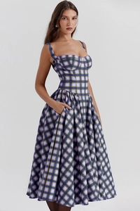 French vintage purple and green plaid sundress featuring slim waist and full skirt