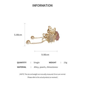 Detailed size chart and material specs for the butterfly flower pearl hair claw clip