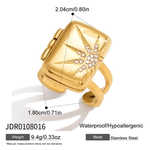 Detailed view of square 18K gold stainless steel ring with starburst pattern and zircon accents