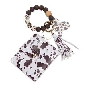 Cow print leather card holder set with silicone bead Mama keychain and gold hardware